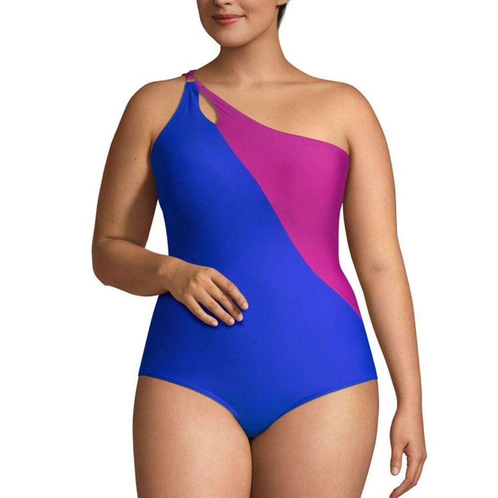 Lands' End Women's Tummy Control One Shoulder One Piece Swimsuit Blue Violet 10